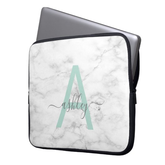 Chic Neo Mint White Marble Script Name Monogram Laptopschutzhülle (Vorderseite Links)