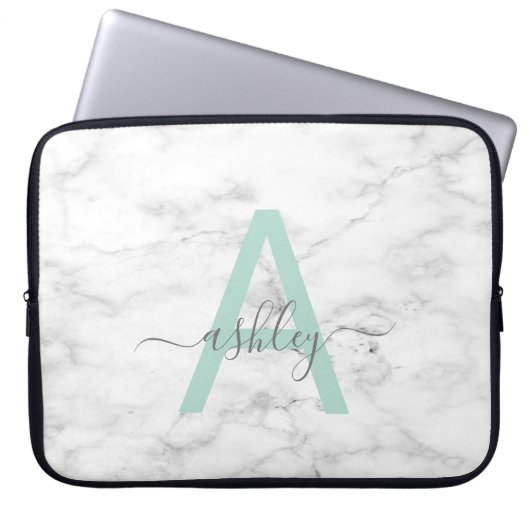 Chic Neo Mint White Marble Script Name Monogram Laptopschutzhülle (Vorderseite)