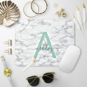 Chic Neo Mint White Marble Script Name Monogram Mousepad