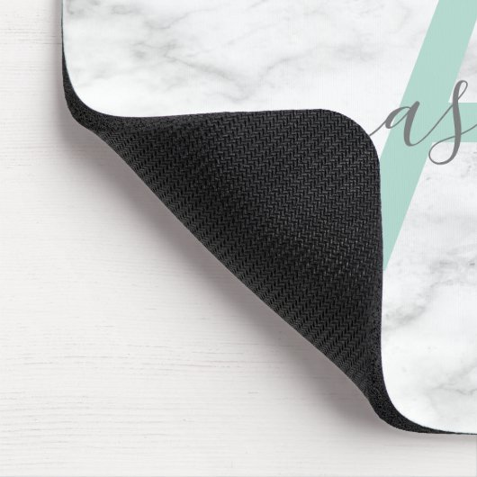 Chic Neo Mint White Marble Script Name Monogram Mousepad (Ecke)