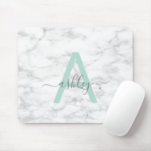 Chic Neo Mint White Marble Script Name Monogram Mousepad (Mit Mouse)