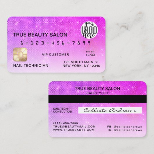 Chic Neon Magenta Sequin Glitzer Kreditkartenlogo Visitenkarte (Vorne/Hinten)