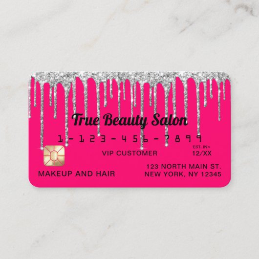 Chic Neon Pink Silver Glitzer Tropfen Credit Visitenkarte (Vorderseite)