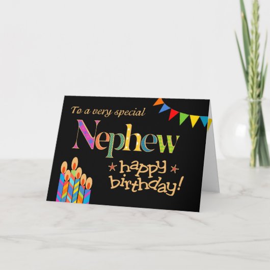 Chic Nephew Candles and Bunting on Black Birthday Karte (Vorderseite)