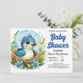 Chic Nest Blue Bird Boy Baby Dusche Einladung (Stehend Vorderseite)