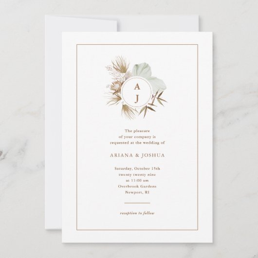 Chic Neutral Boho Monogram Wreath Wedding Einladung (Vorderseite)