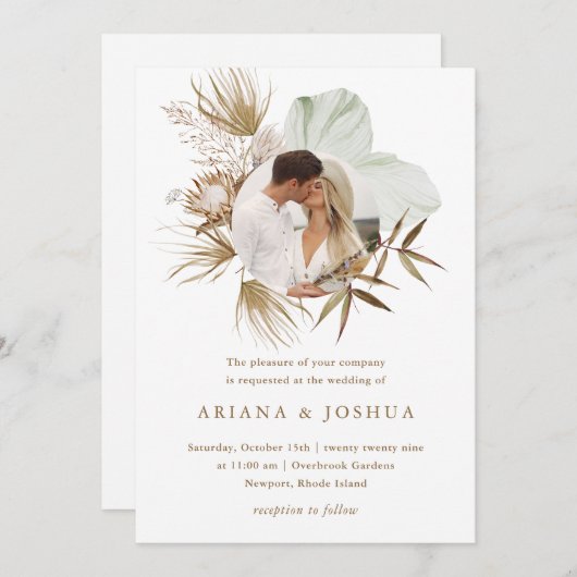 Chic Neutral Boho Wreath Foto Wedding Einladung (Vorne/Hinten)