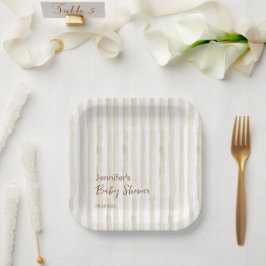 Chic Neutral Faded Stripe Modern Baby Shower Pappteller