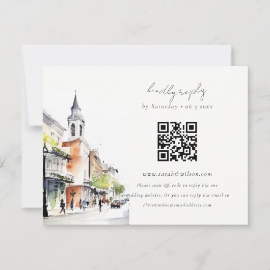 Chic New Orleans Louisiana QR Code Wedding RSVP Karte (Vorderseite)