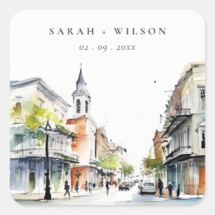 Chic New Orleans Louisiana Watercolor Wedding Quadratischer Aufkleber
