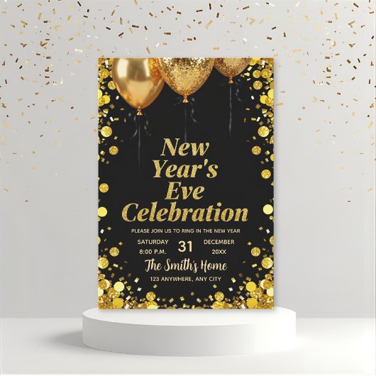 Chic New Year' Eve Party Gold Glitter Black Einladung