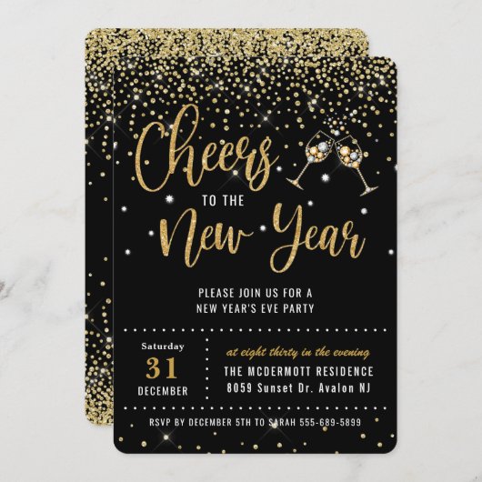 Chic New Year's Eve Party Black Gold Glitzer Invit Einladung (Vorne/Hinten)