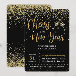 Chic New Year's Eve Party Black Gold Glitzer Invit Einladung