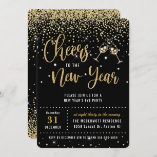 Chic New Year's Eve Party Black Gold Glitzer Invit Einladung