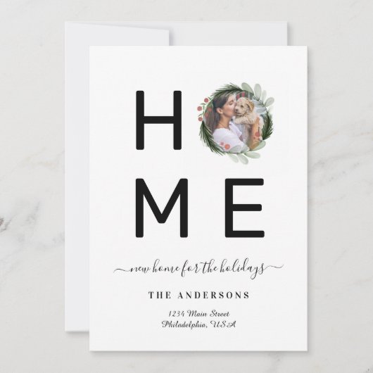 Chic New ZUHAUSE for Holidays Wreath Foto Moving Ankündigung (Vorderseite)