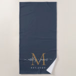 Chic Newlywed Gold Monogram Script Names Dark Blue Strandtuch<br><div class="desc">Chic dunkelblaues Strandtuch mit Ihrem goldenen Monogramm,  Jahr etabliert und Namen in eleganter handgeschriebener Schrift Kalligraphie und moderne stilvolle Typografie. Perfektes Geschenk für das frisch verheiratete Paar. Exklusiv für Sie entworfen von Happy Dolphin Studio. Wenn Sie Hilfe oder passende Produkte benötigen,  kontaktieren Sie uns bitte über unseren Chat!</div>