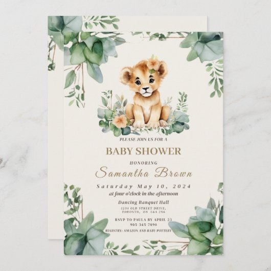 Chic Niedlich Lioness Cub & Greenery Girl Baby Sho Einladung (Vorne/Hinten)