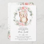 Chic Niedlich Owl Pink Blumengrün Babydusche Einladung (Vorne/Hinten)