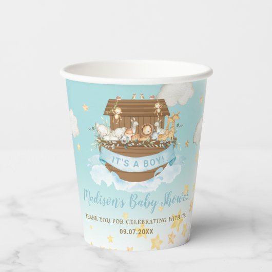Chic Noahs Ark Niedlicher Tiere Blue Boy Baby Show Pappbecher (Rückseite)