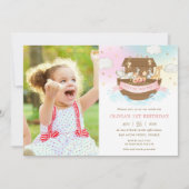 Chic Noahs Ark Niedlicher Tiere Girl Birthday Foto Einladung (Vorderseite)