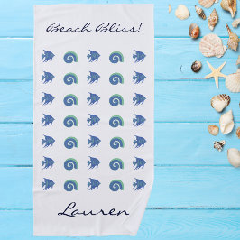 Chic Ocean Blue White Muscheln und Name der Fische Strandtuch