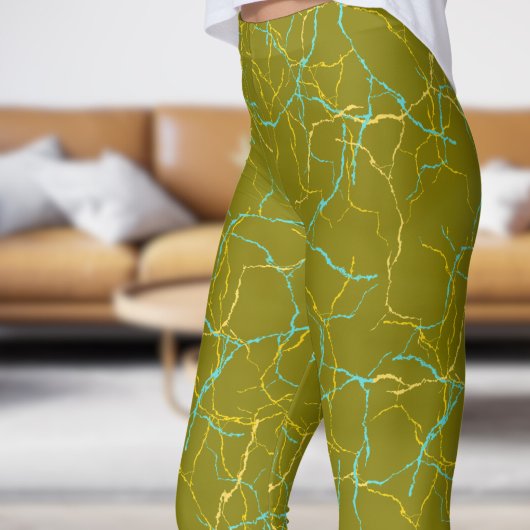 Chic Olive and Blue Yellow Fracture Pattern Leggings