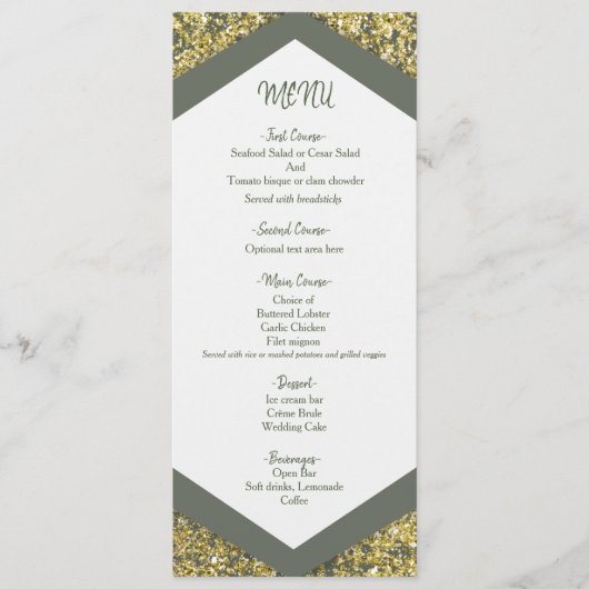 Chic Olive & Gold Glitzer Flakes Hochzeitsmenü Menükarte (Vorderseite)