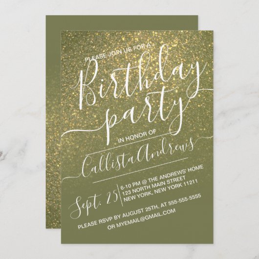 Chic Olive Green Funkelnd Glitzer Ombre Birthday Einladung (Vorne/Hinten)