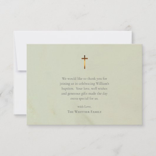 Chic Olive Roman Catholic Baptism Dankeskarte (Vorderseite)