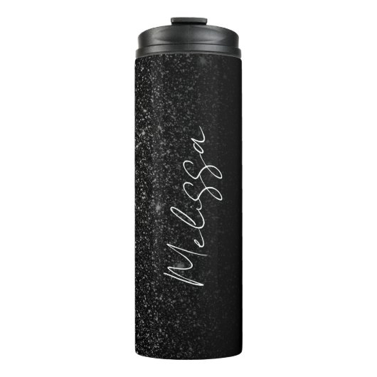 Chic Ombre Black Glitzer Signature Script Name Thermosbecher (Vorderseite)