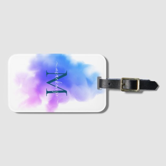 Chic Ombre Blue Pink Wasserfarbe Mit Monogramm Gepäckanhänger (Vorderseite (Horizontal))