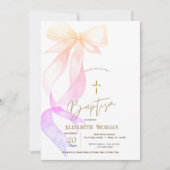 Chic Ombre Bow Gold Cross Baptism Einladung (Vorderseite)