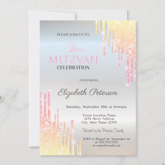 Chic Ombre Glitzer Tropfen Silver Bat Mitzvah Einladung (Vorderseite)