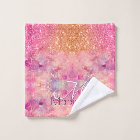 Chic ombre Rose Rosa Glitzer Monogramm Badhandtuch Set (Waschlappen)