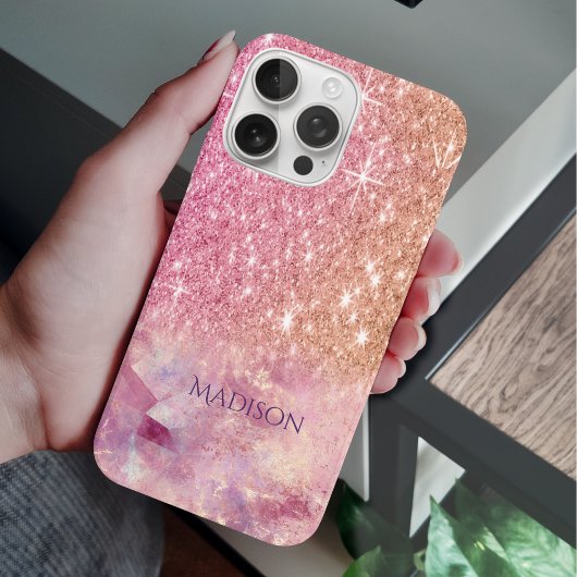 Chic ombre Rose Rosa Glitzer Monogramm Case-Mate iPhone Hülle