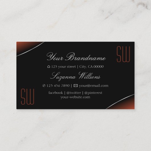 Chic Orange Black mit Silver Border und Monogram Visitenkarte (Rückseite)