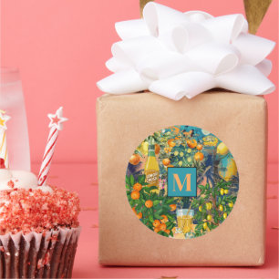 Chic orange blau türkis sizilianisch Zitruskollage Runder Aufkleber