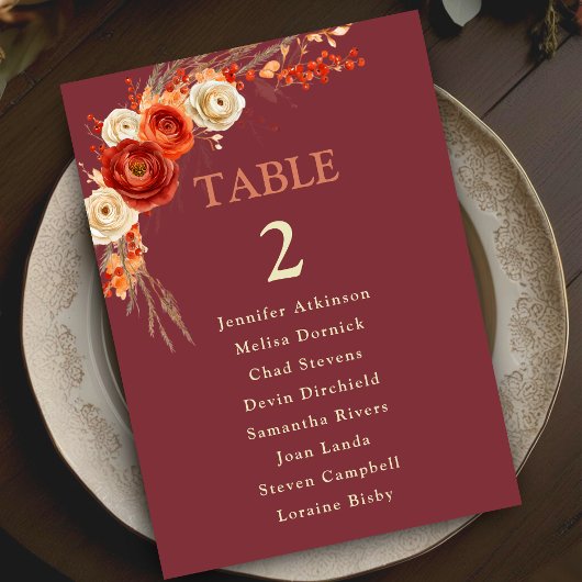Chic orange Blumen Hochzeitssitze Tischnummern