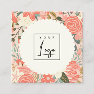 Chic Orange Blush Pink Green Ambrosia Floral Logo Quadratische Visitenkarte