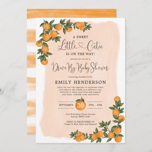 Chic Orange Drive By Baby Shower Citrus Quarantine Einladung (Vorne/Hinten)