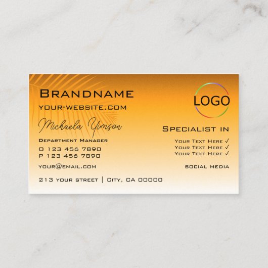Chic Orange Gradient Palm Leaf mit Logo Stilvoll Visitenkarte (Rückseite)