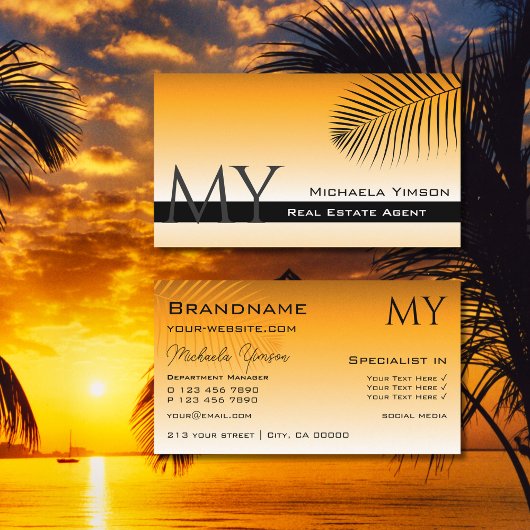Chic Orange Gradient Palm Leaf mit Monogramm Visitenkarte