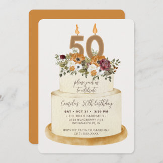 Chic Orange Herbst 50. Geburtstagskuchen Einladung