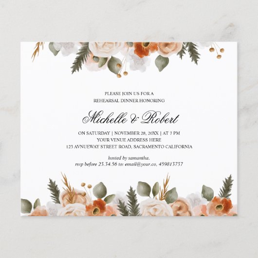 Chic Orange Ivory Sage Hochzeit Probe Dinner (Vorderseite)