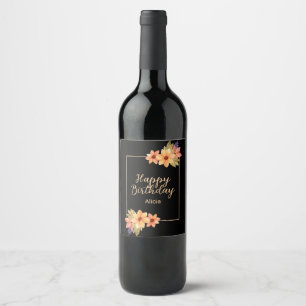 Chic Orange Red Fall Flora Black Birthday Weinetikett