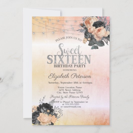 Chic Orange Rose String Lights Sweet 16 Einladung (Vorderseite)