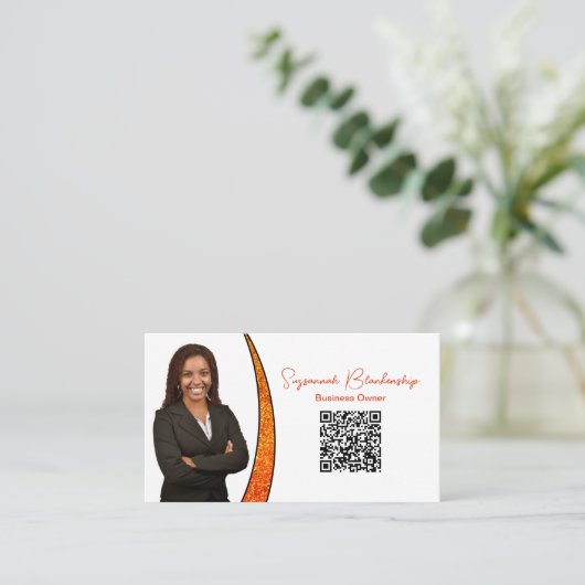 Chic Orange Slice Glitzer Custom Foto QR Code Visitenkarte (Stehend Vorderseite)