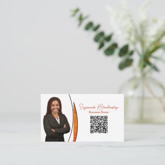 Chic Orange Slice Glitzer Custom Foto QR Code Visitenkarte (Stehend Vorderseite)