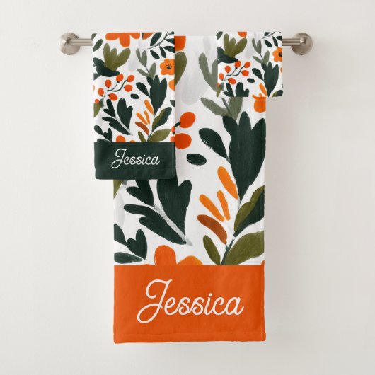 Chic Orange Spring Flowers Botanical Pattern Name Badhandtuch Set (Insitu)