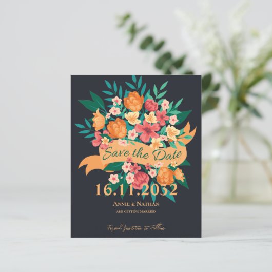 Chic Orange Yellow Florals Wedding Save the Date (Stehend Vorderseite)